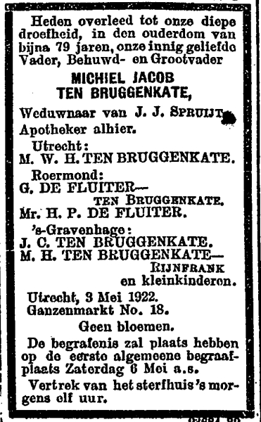 Overlijdensadvertentie van Michiel Jacob ten Bruggenkate. NRC, 4 May 1922 Avondblad, B
